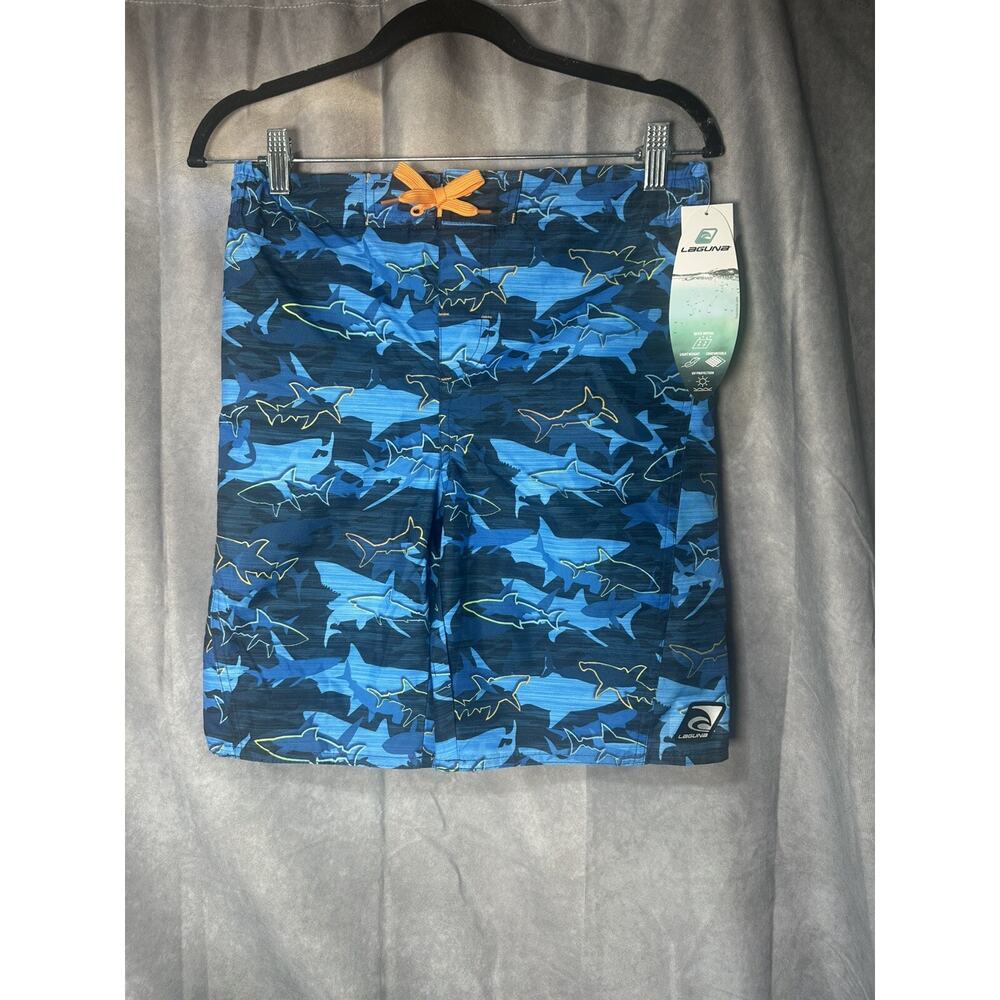 NEW W TAGS Laguna Big Boys Drawstring Electric Shark Swim Trunks sz, L 14/16